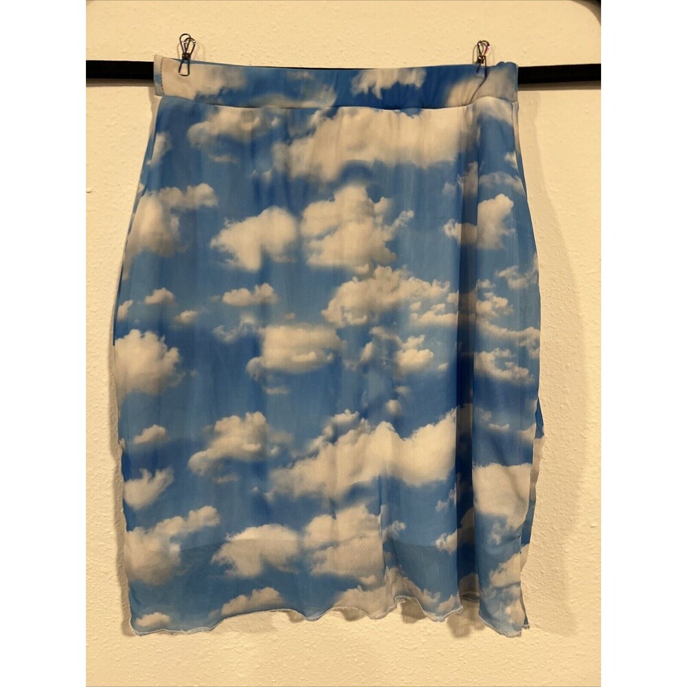 90s Y2K Sky Clouds Print Sheer Mesh Mini Skirt Grunge Rave‎ Hippie Retro Size 2